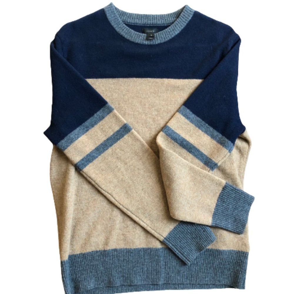 J.Crew Mens Blue Brown 100% Lambswool Crew Neck Pullover Sweater Size Medium